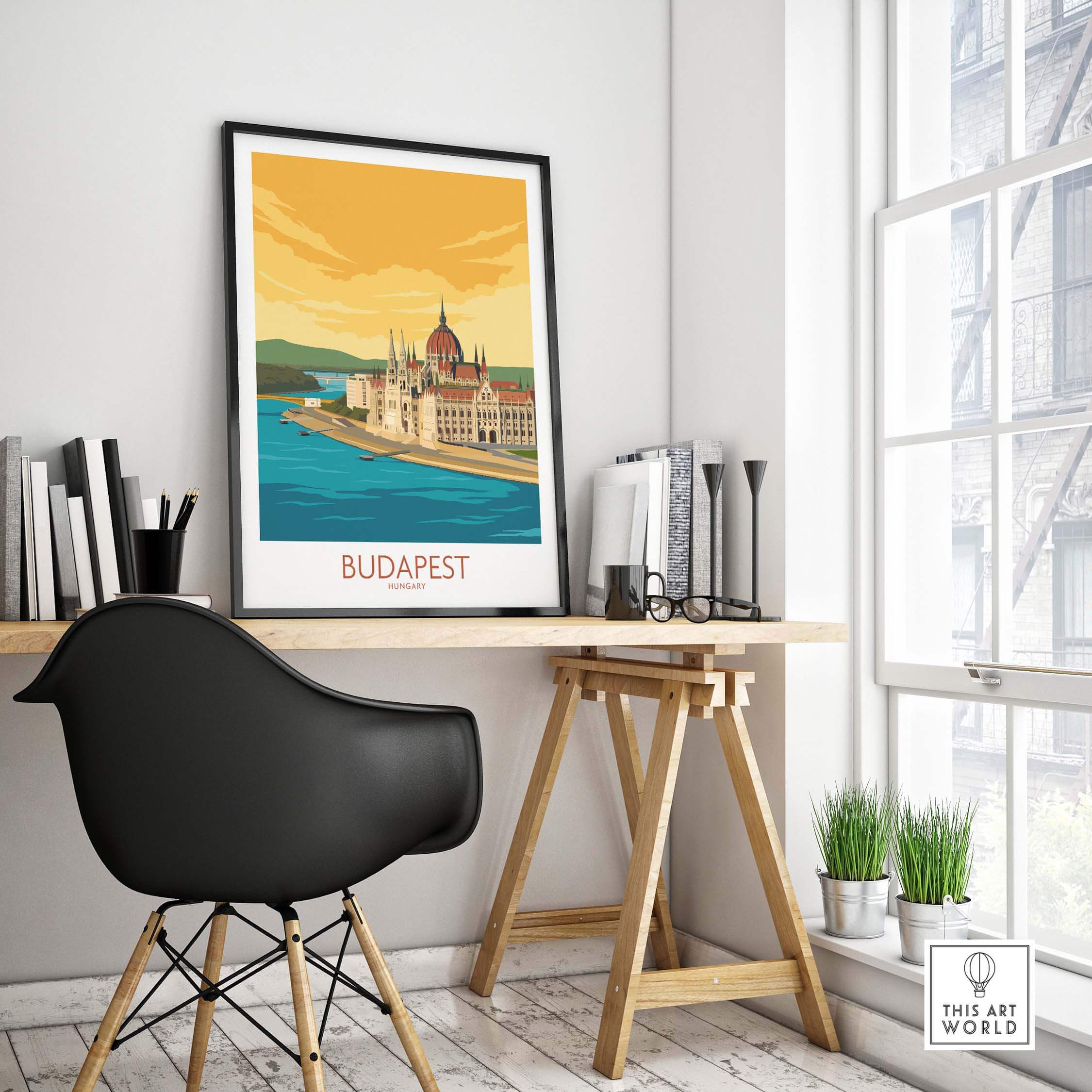 Budapest poster displayed in a stylish workspace, showcasing nostalgic travel art for home decor.