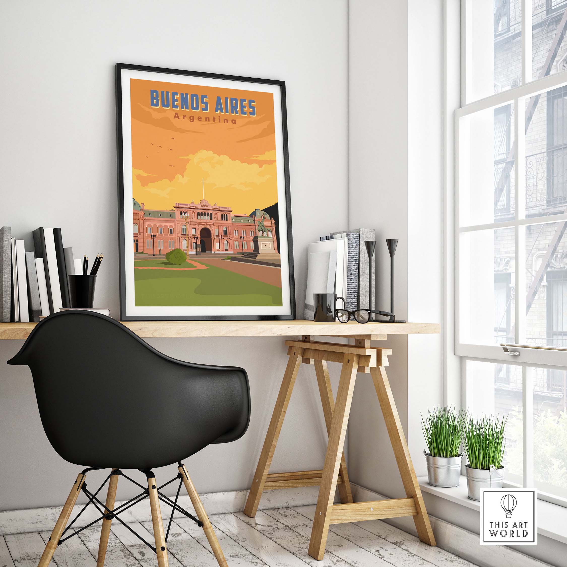 Buenos Aires print artwork displayed in a stylish workspace, featuring vintage travel design inspired by Argentina.