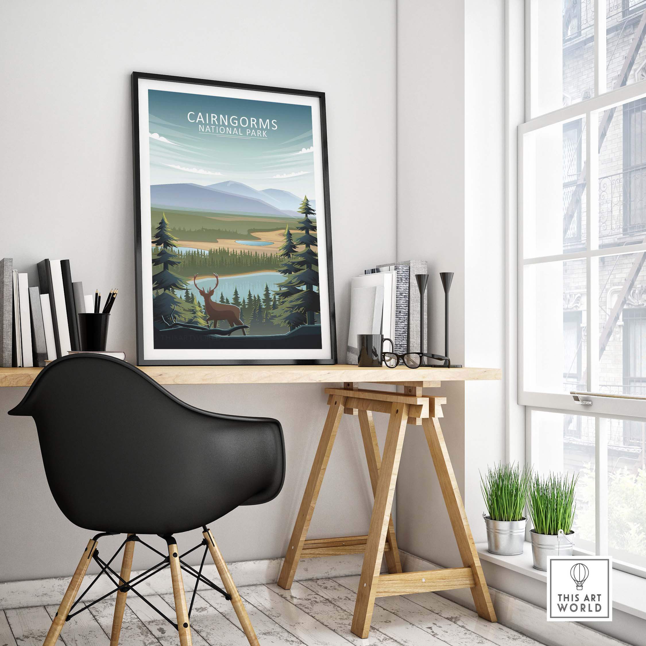 Cairngorms National Park poster in a stylish office setting showcasing nature and minimalist design.