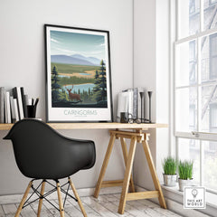 Cairngorms National Park art print displayed in a modern office setting with natural light and stylish decor.