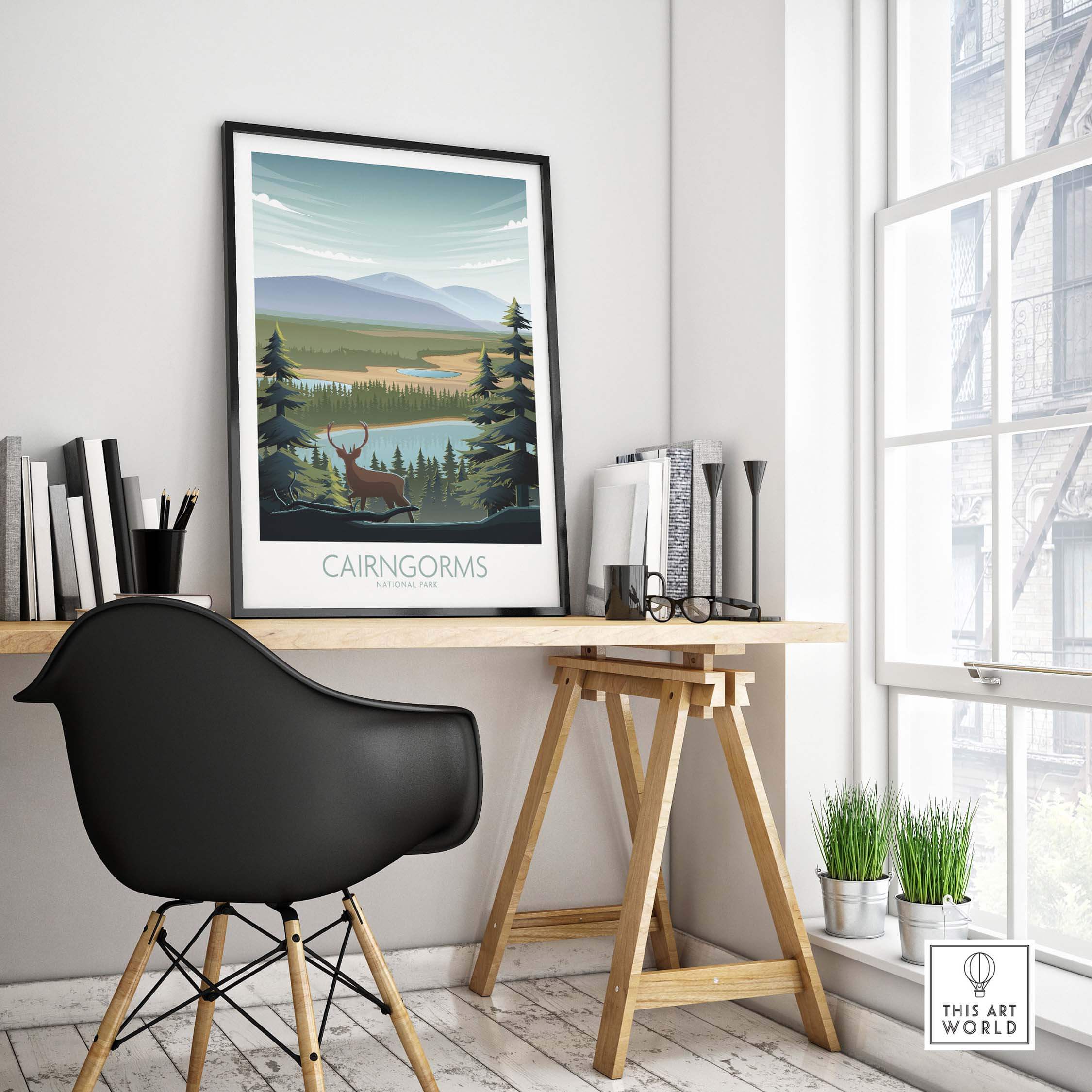 Cairngorms National Park art print displayed in a modern office setting with natural light and stylish decor.