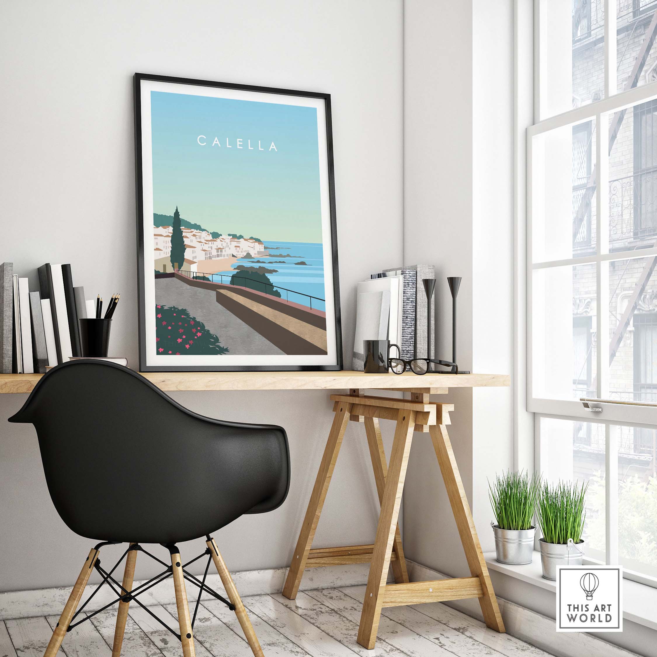 Calella Spain Print Poster displayed in a modern workspace, showcasing coastal scenery and stylish decor.