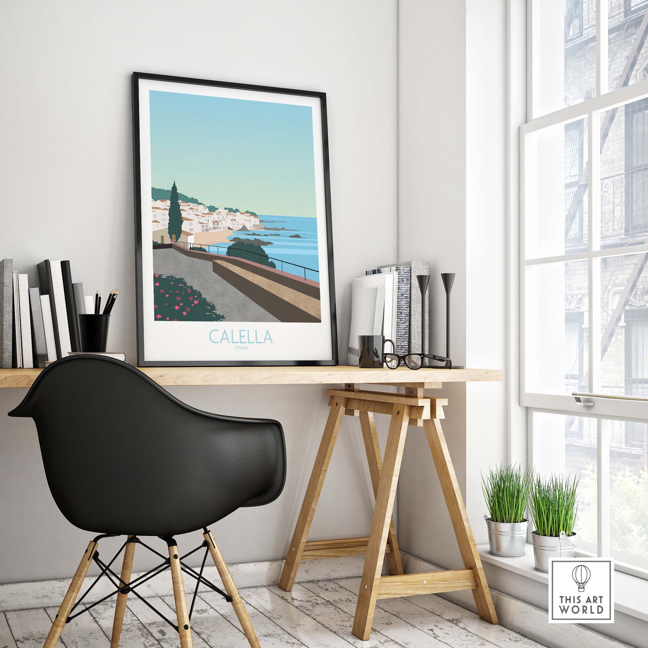 Costa Brava Calella Spain poster in a stylish home office setting with modern decor and natural light.