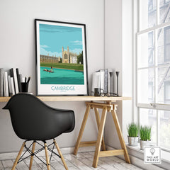 Cambridge Print art showcasing King's College with vintage travel inspiration in modern office setting.