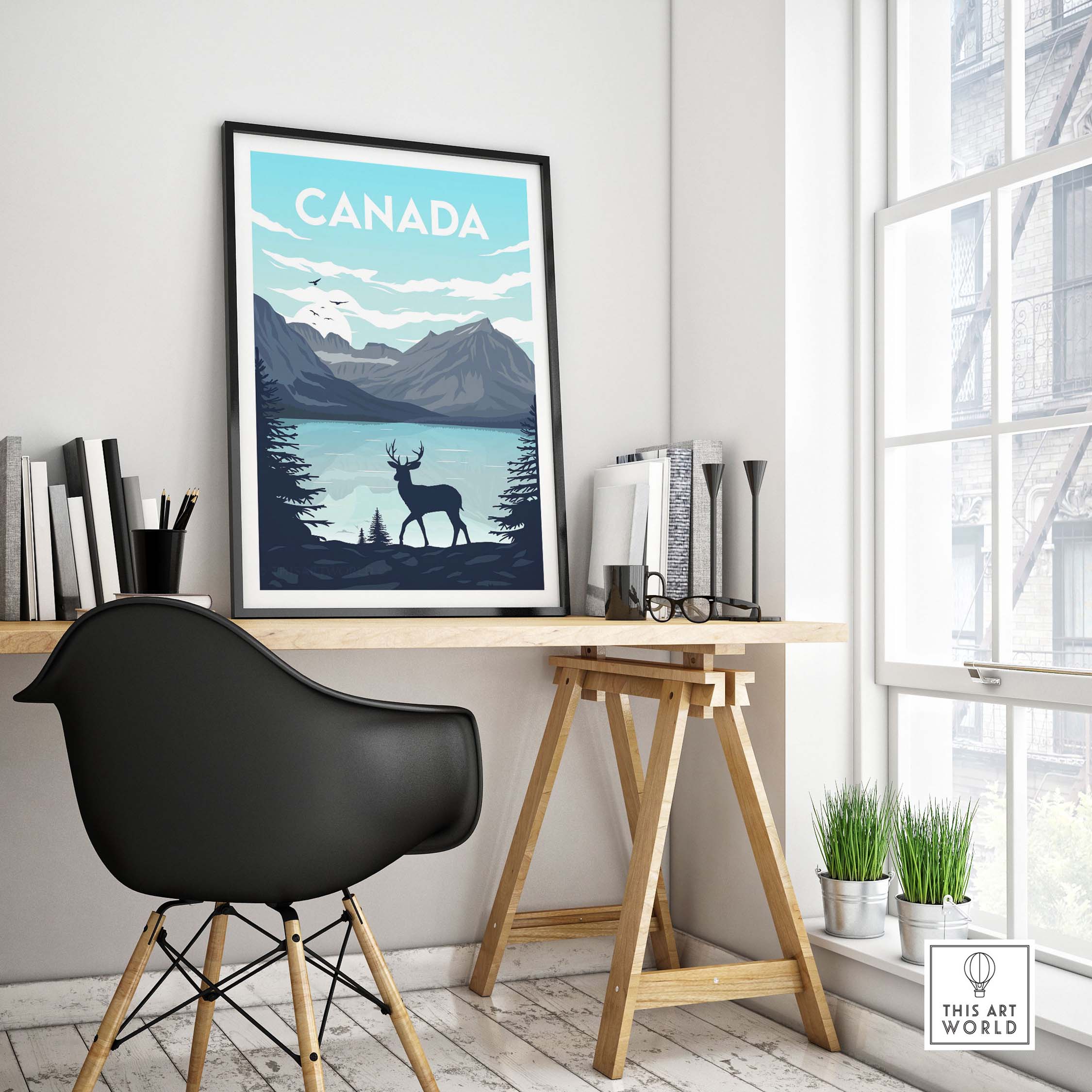 Canada Poster Wall Art Print featuring a scenic landscape with mountains and a deer, ideal for home decor.