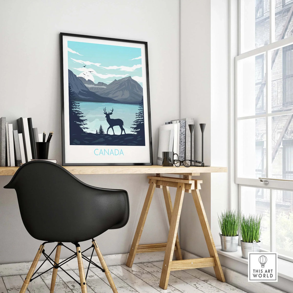 Canada travel poster print displayed in a modern office setting with stylish decor.