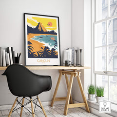 Cancun Travel Poster Print showcasing a vibrant design, perfect for enhancing home or office decor with a tropical theme.