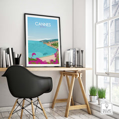 Cannes Poster France Print displayed in modern office with minimalist decor showcasing beautiful coastal scene.