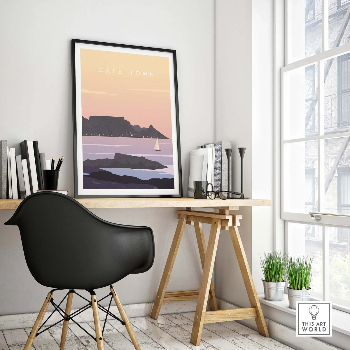 Cape Town Print Wall Art Poster displayed in a modern home office setting, showcasing stylish travel-inspired decor.