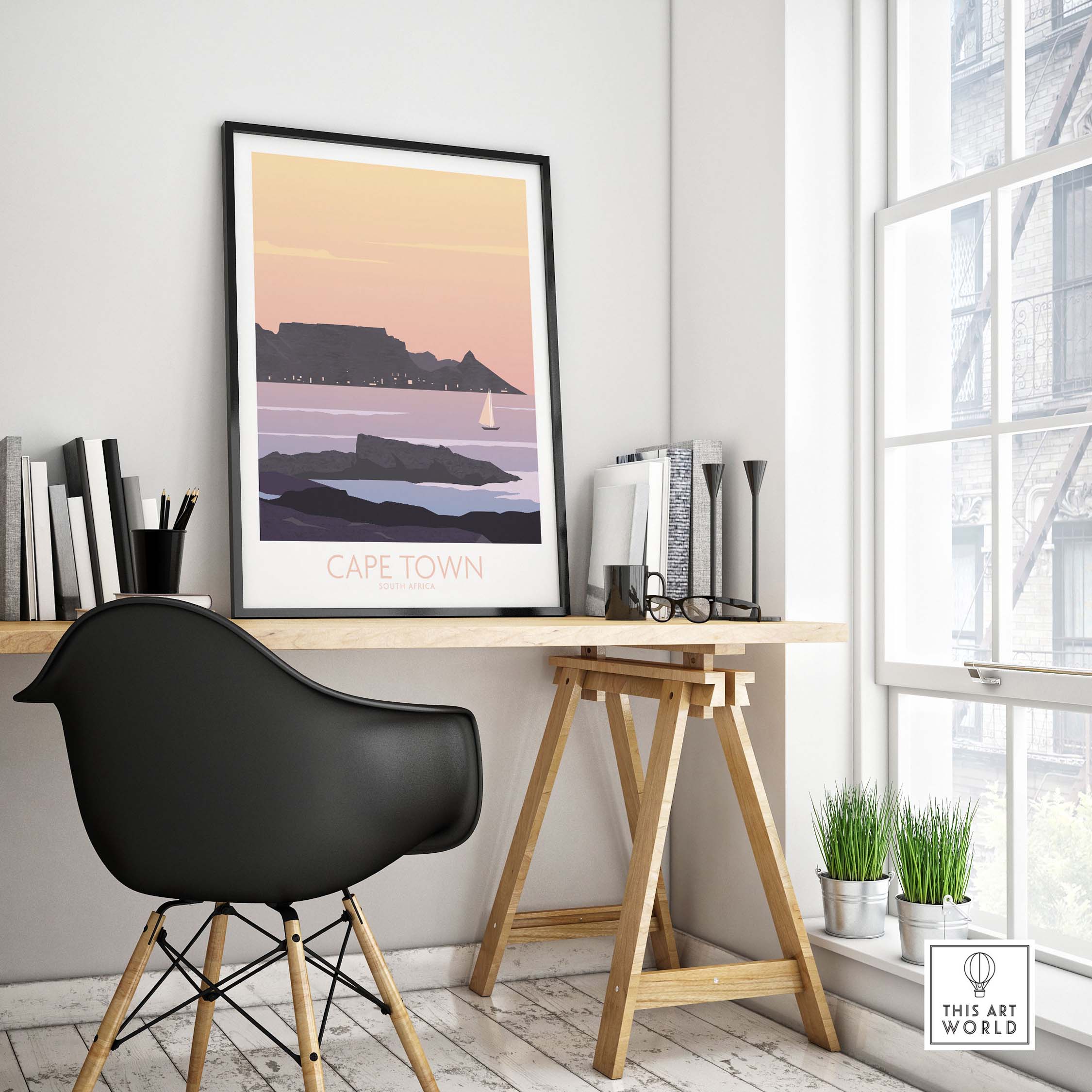 Cape Town Poster Print displayed in a modern workspace, featuring Table Mountain and a serene sunset.