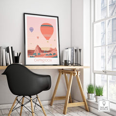 Cappadocia Print featuring colorful hot air balloons in a stylish office setting, evoking travel and wanderlust.