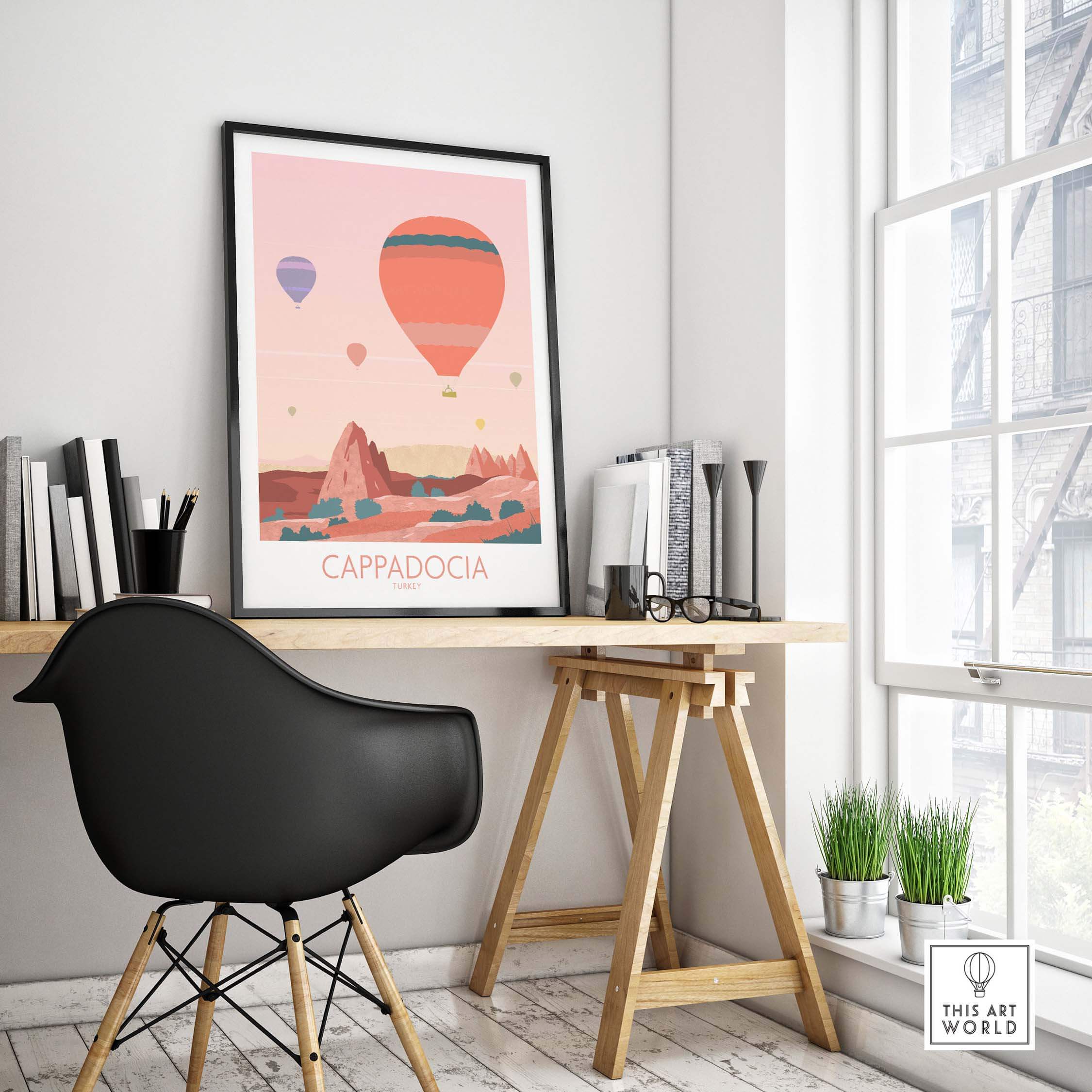 Cappadocia Print featuring colorful hot air balloons in a stylish office setting, evoking travel and wanderlust.