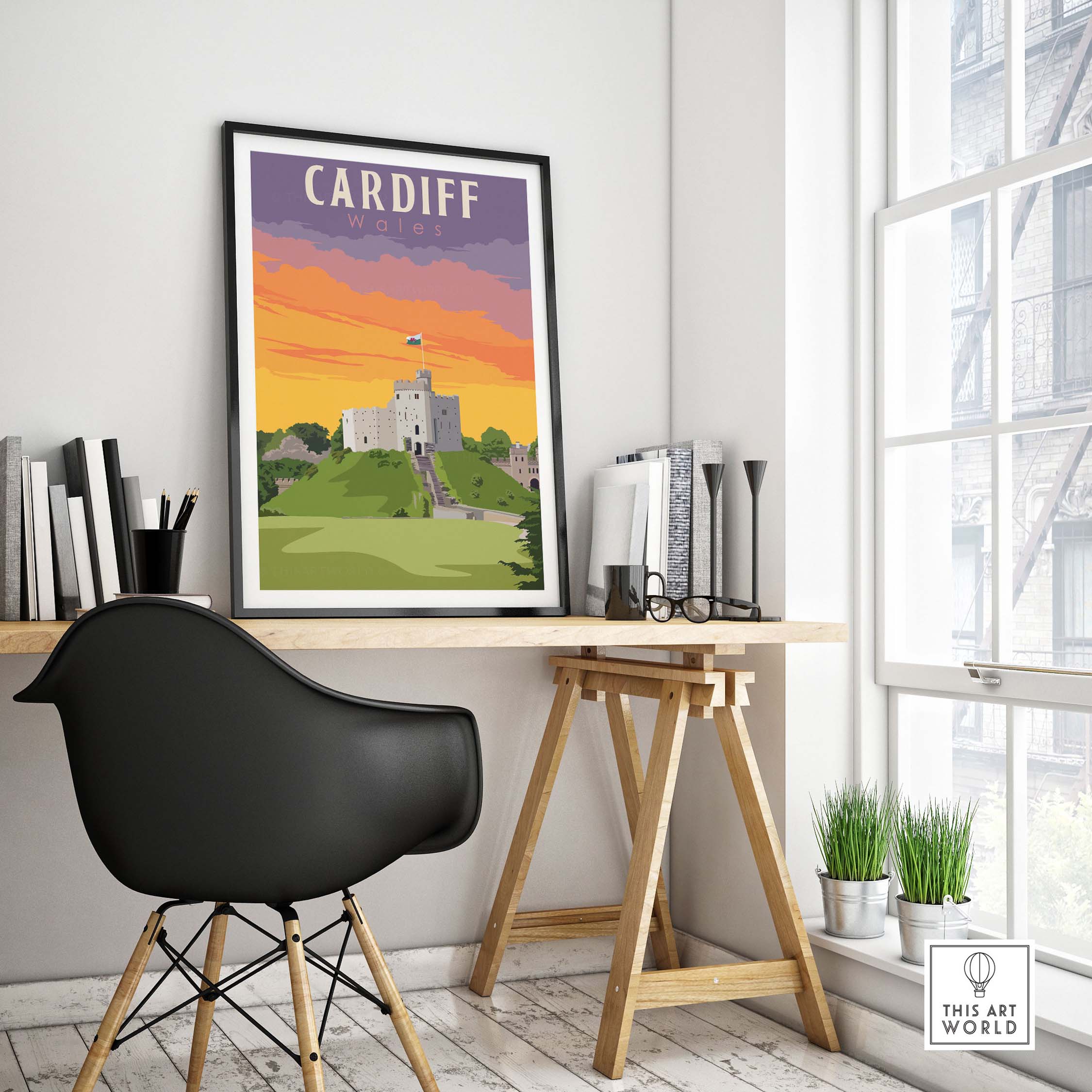 Cardiff Wales vintage travel poster print displayed in a modern interior setting with stylish decor.