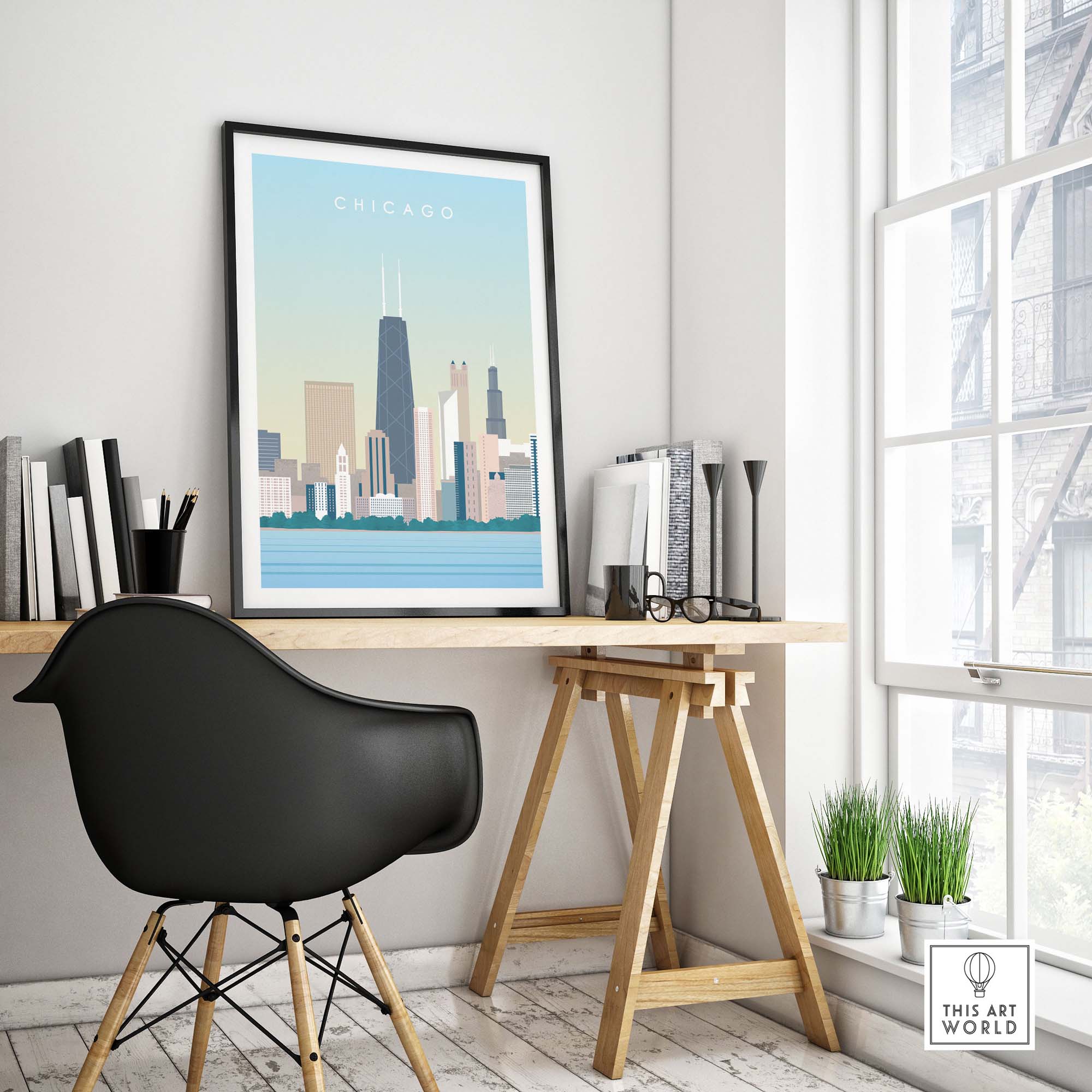 Stylish Chicago Print Wall Art Poster displayed in a modern workspace with a black chair and natural light.