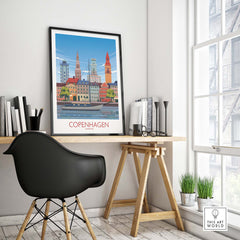 Copenhagen Wall Art Print displayed in a modern workspace, featuring vibrant vintage-inspired cityscape design.
