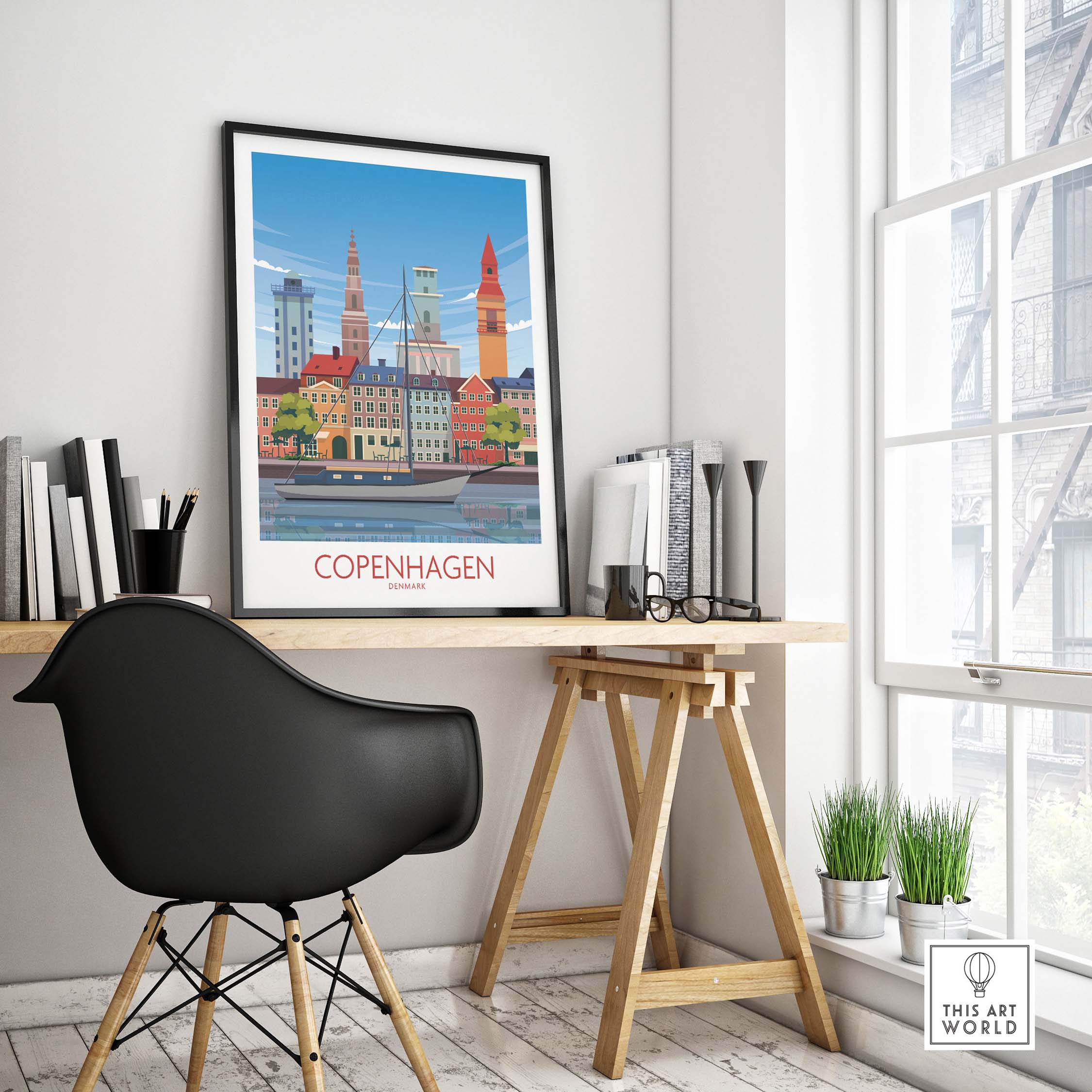 Copenhagen Wall Art Print displayed in a modern workspace, featuring vibrant vintage-inspired cityscape design.
