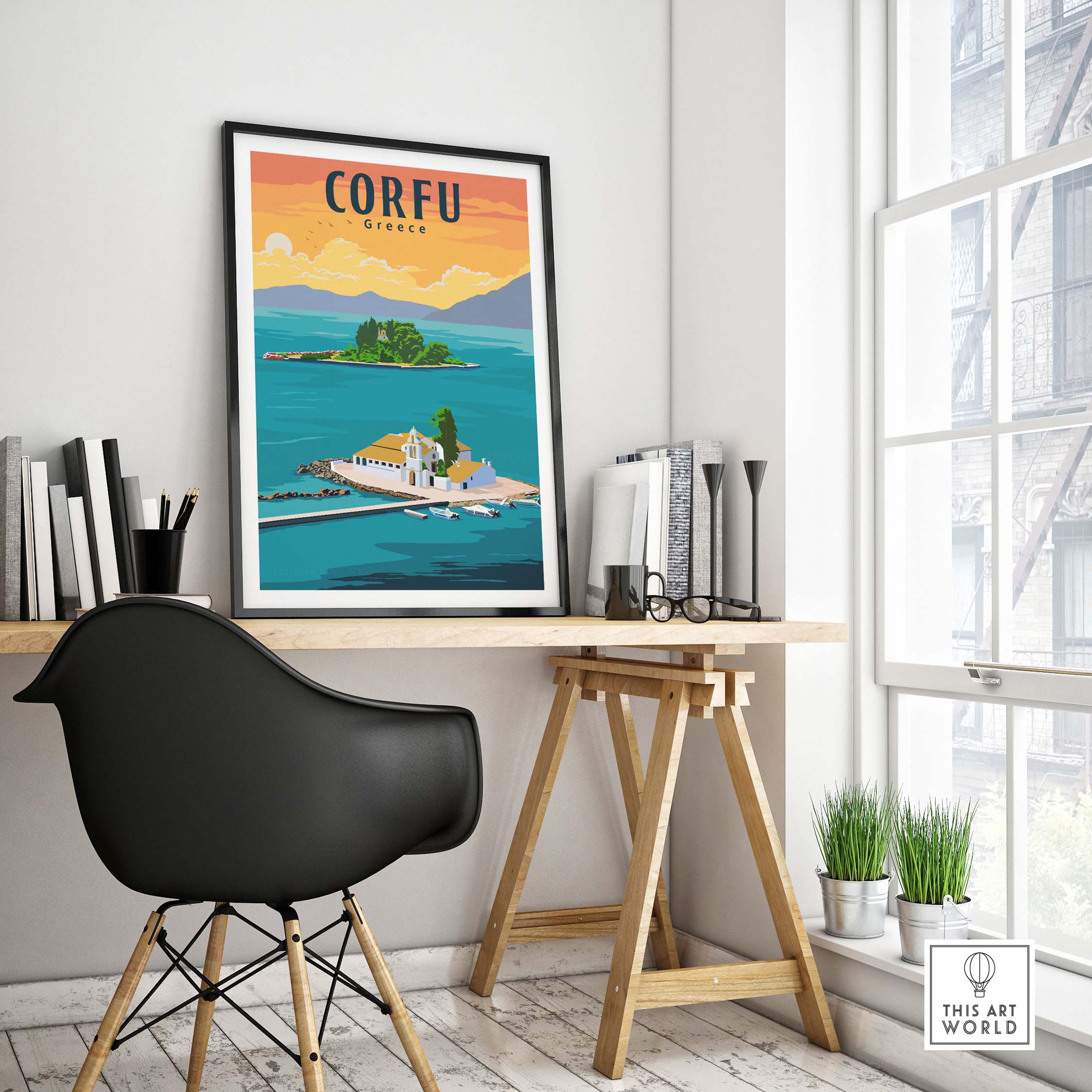 Corfu Print Greece Poster displayed in stylish modern workspace, featuring vibrant colors and vintage travel design.