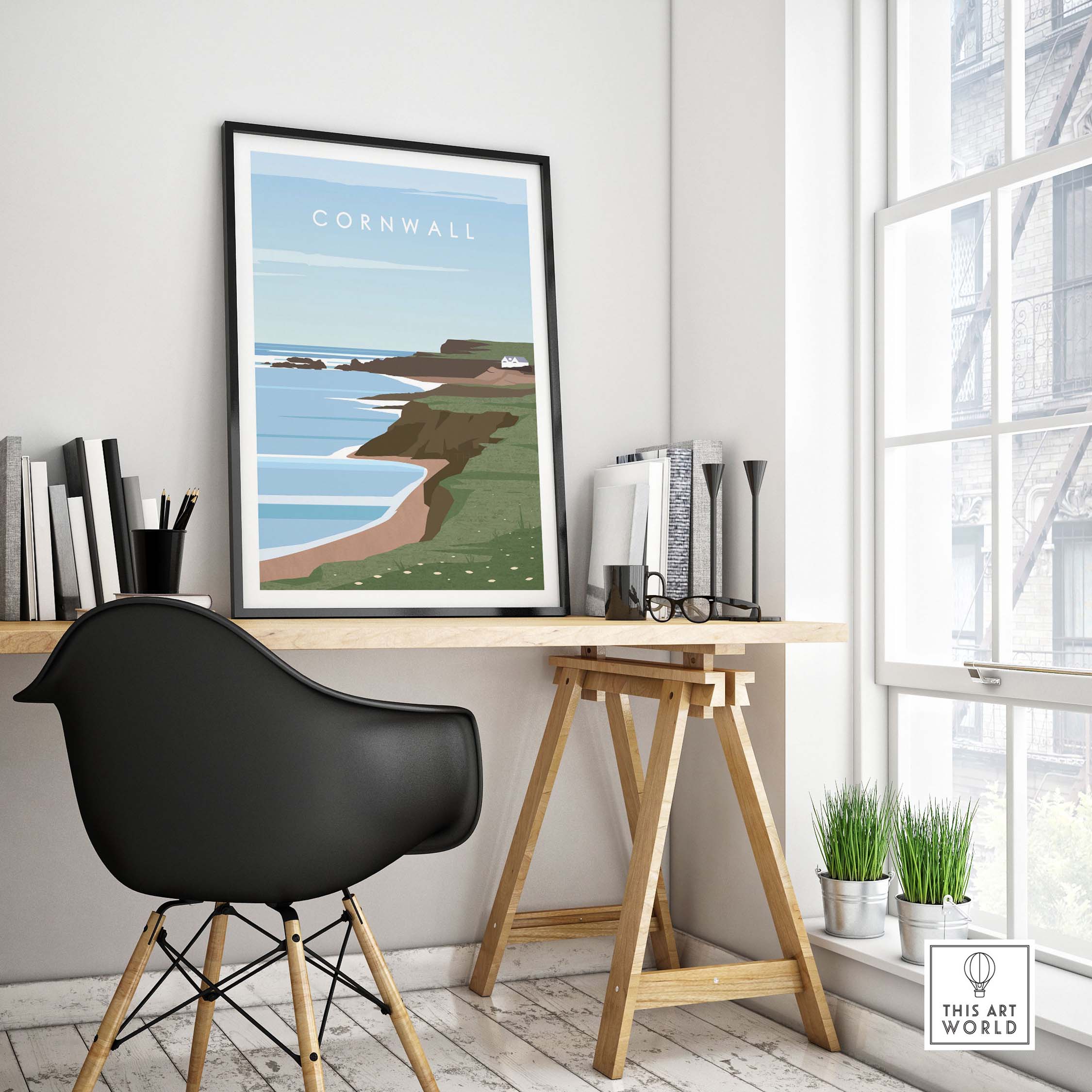 Cornwall print wall art poster displayed in a stylish home office setting with a modern desk and chair.