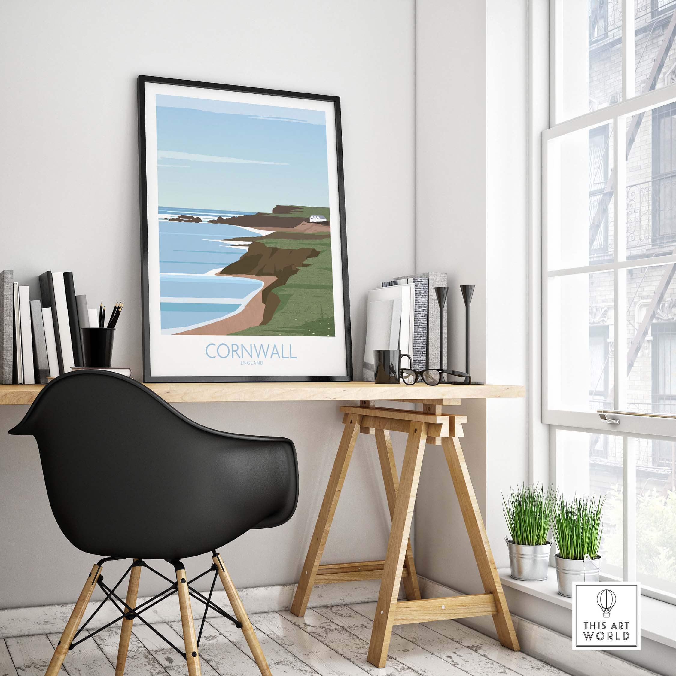 Cornwall poster print displayed in a modern workspace with stylish decor and natural light.