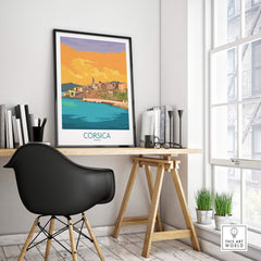 Corsica poster displayed in a modern workspace, showcasing vintage travel art of France.