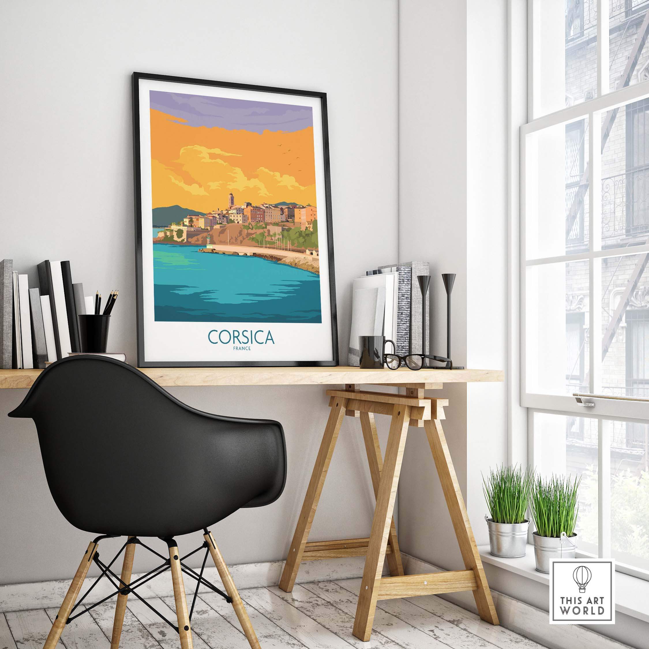 Corsica poster displayed in a modern workspace, showcasing vintage travel art of France.