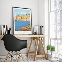 Cote d'Azur Print Poster displayed in a stylish workspace, showcasing vibrant vintage travel art for home decor.