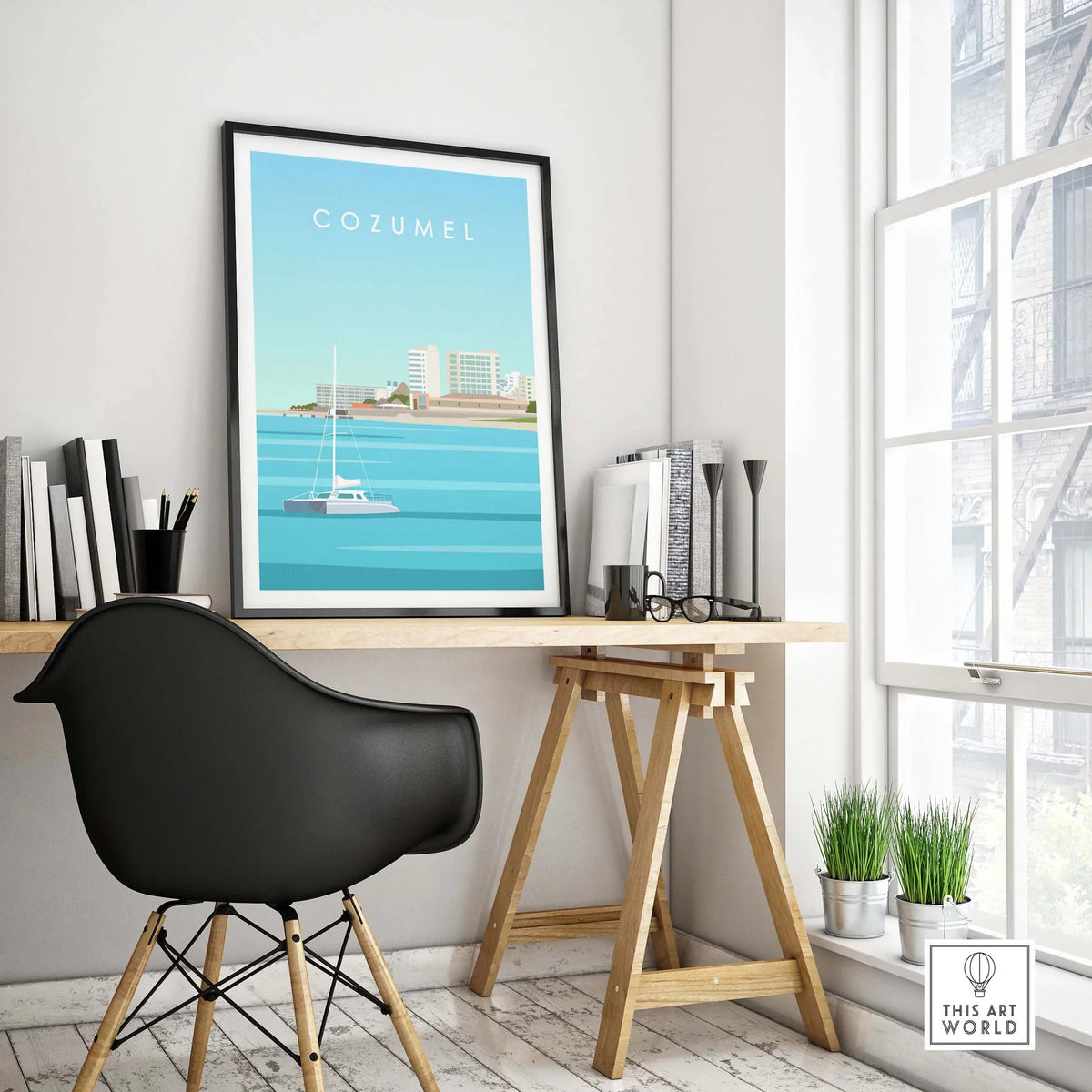 Cozumel art print displayed in a stylish home office setting, evoking travel nostalgia and island vibes.