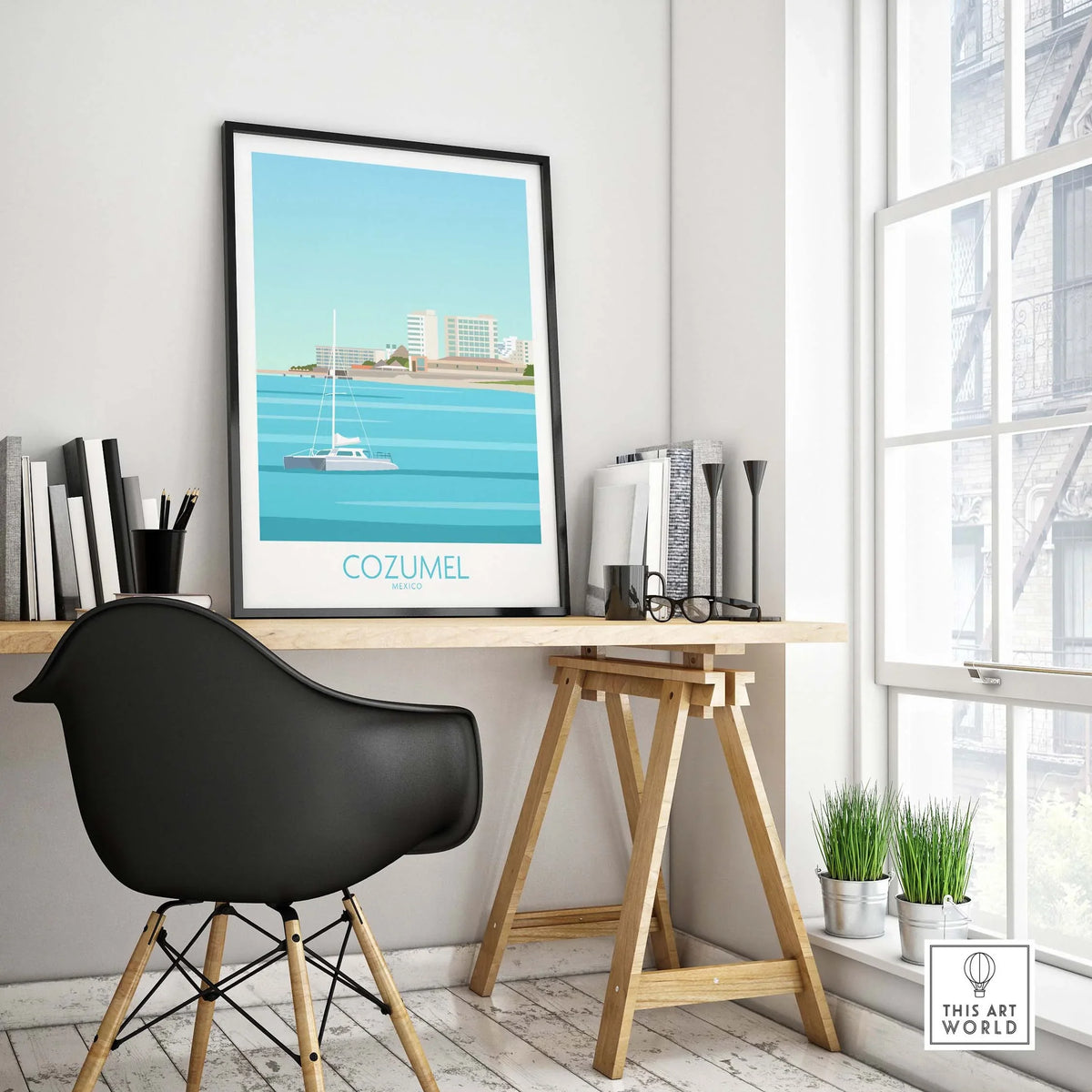 Cozumel Poster Mexico displayed on a stylish desk, showcasing vintage travel art in a modern home office.