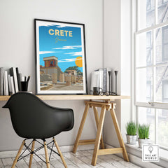 Crete travel poster print featuring minimalist design, displayed in a stylish home office setting.