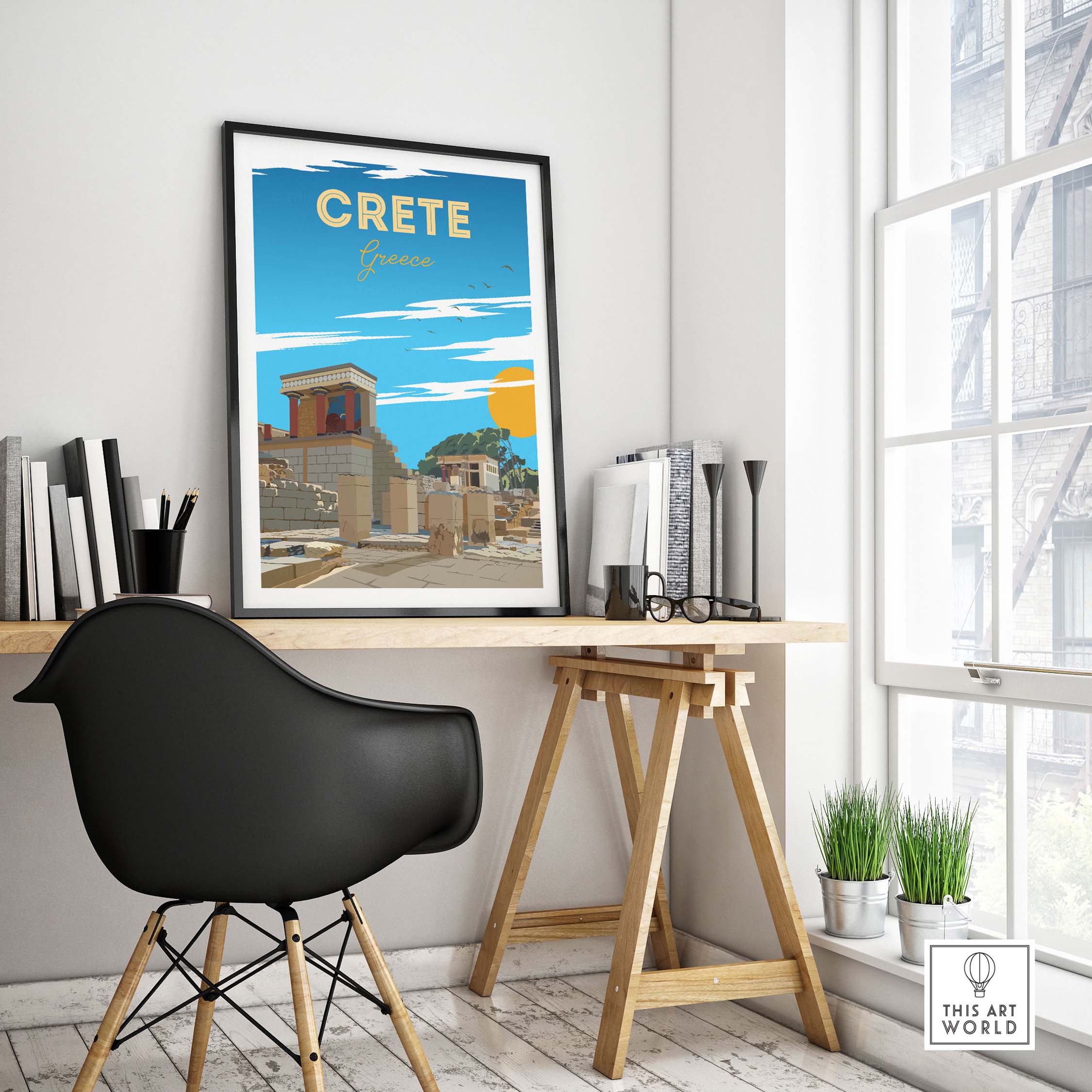 Crete travel poster print featuring minimalist design, displayed in a stylish home office setting.