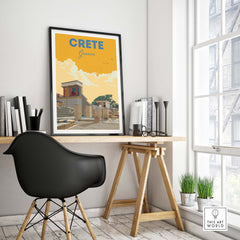 Vintage travel poster of Crete, Greece, displayed in a stylish home office setting.