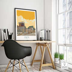 Crete Greece poster displayed in modern office setting, showcasing vintage travel art inspired by Cretan landscapes.