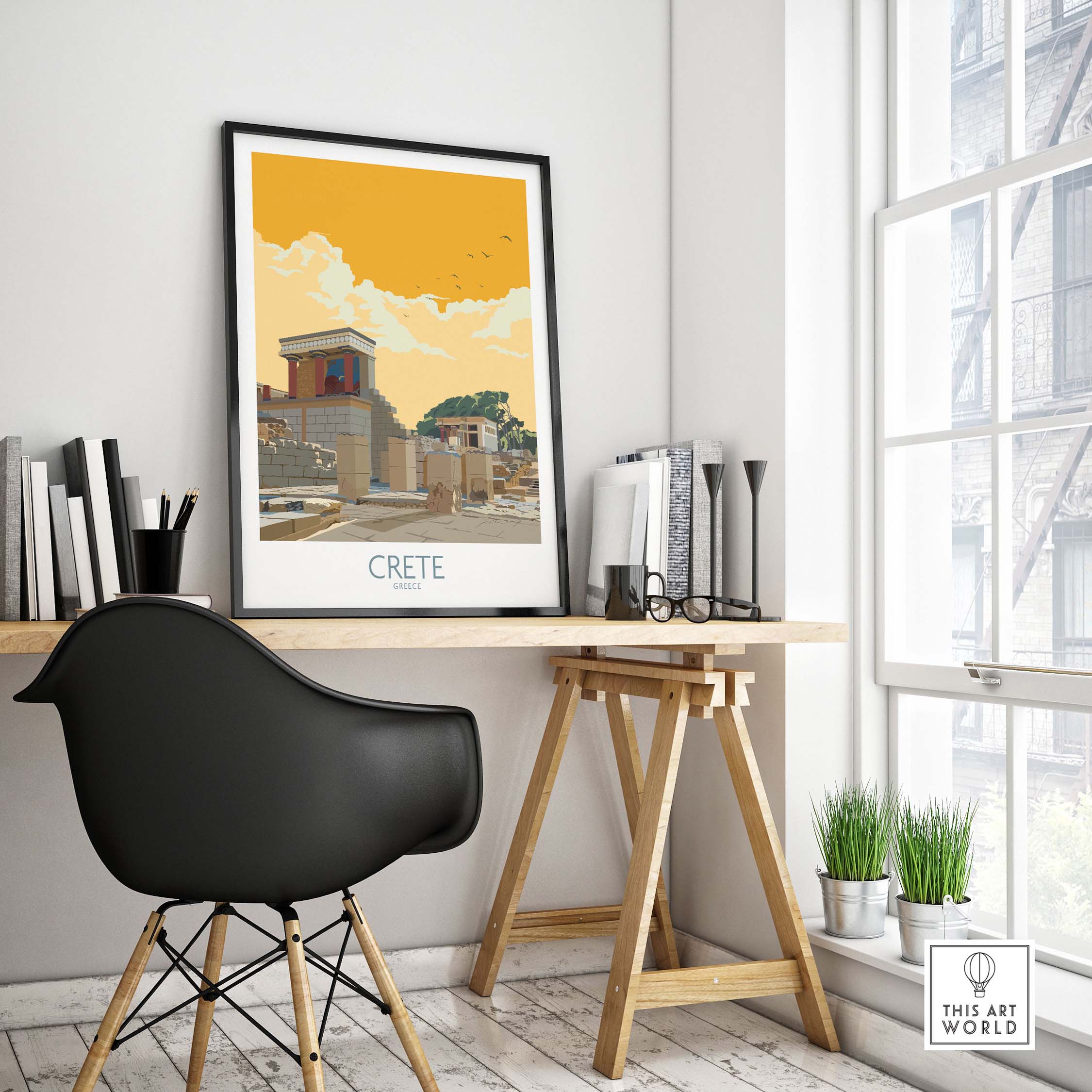 Crete Greece poster displayed in modern office setting, showcasing vintage travel art inspired by Cretan landscapes.