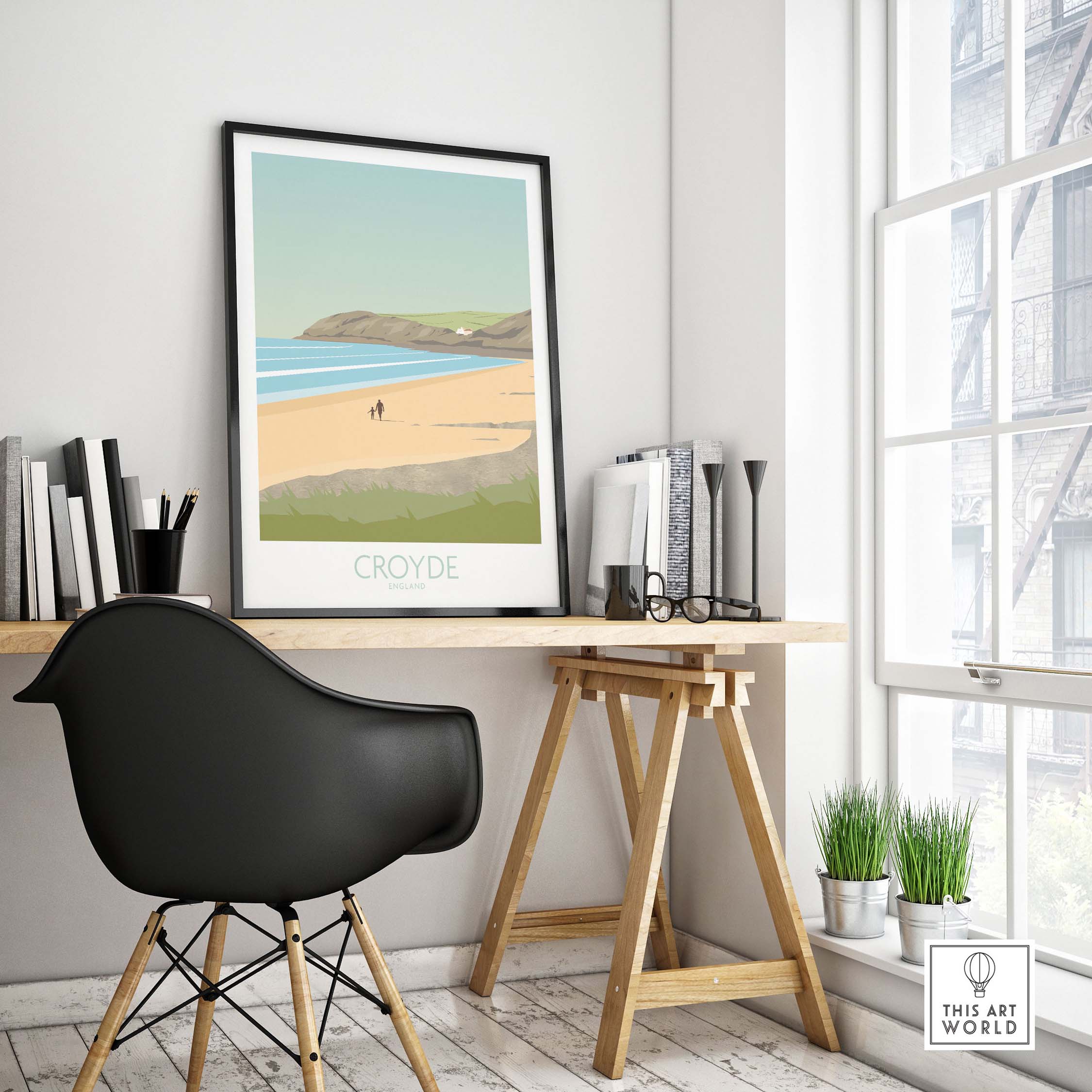 Croyde Beach print in a stylish workspace, showcasing Devon's coastline and vintage-inspired design.