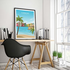 Curacao poster print displayed in a stylish office setting with décor and natural light.
