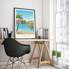 Curacao wall art travel poster displayed in a stylish home office setting, featuring vibrant tropical imagery.