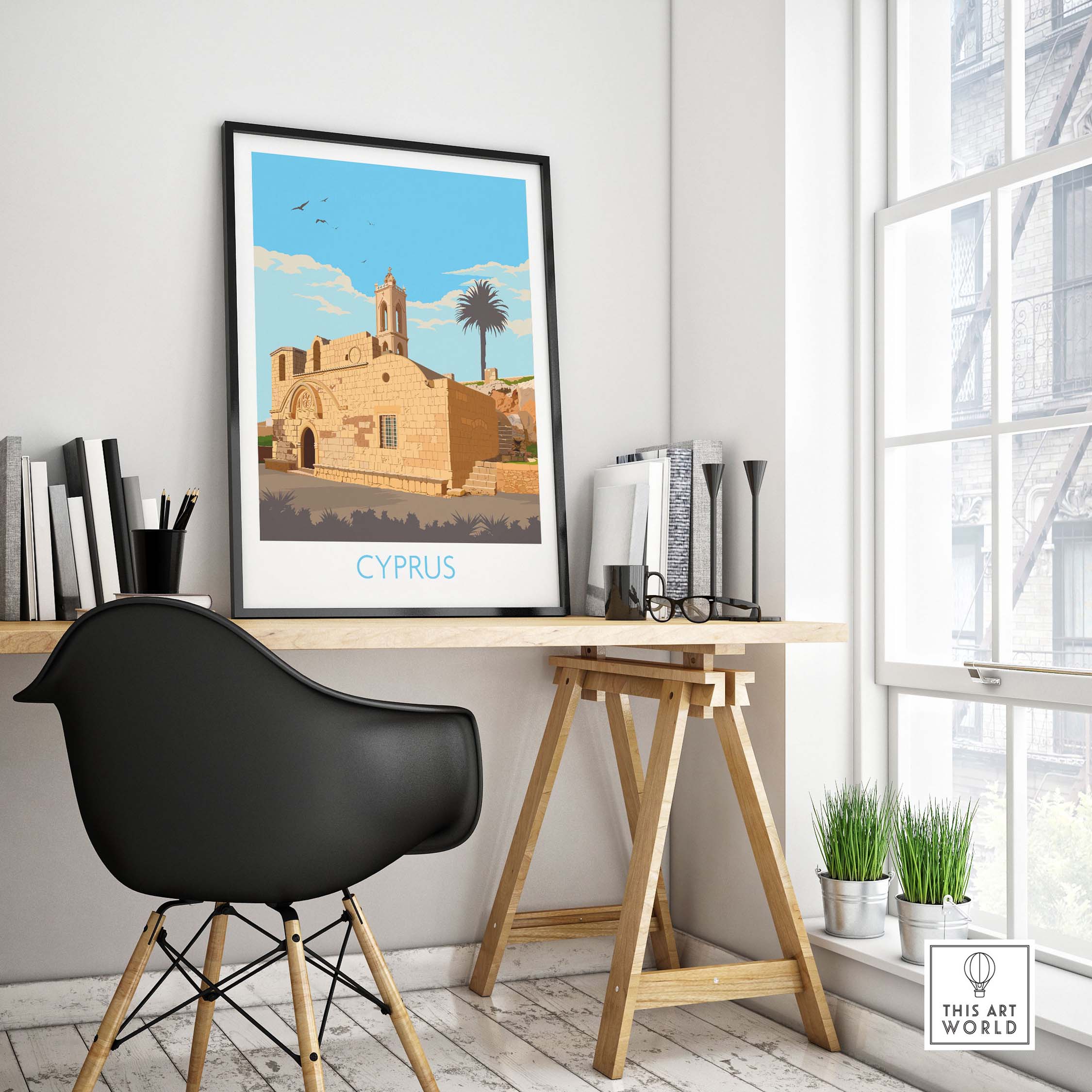 Cyprus Poster Print showcasing a vintage-style illustration in a modern office setting.