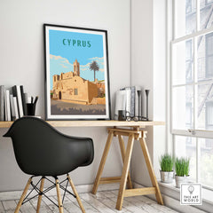 Minimalist Cyprus print featuring historic architecture, displayed in a stylish modern office setting.