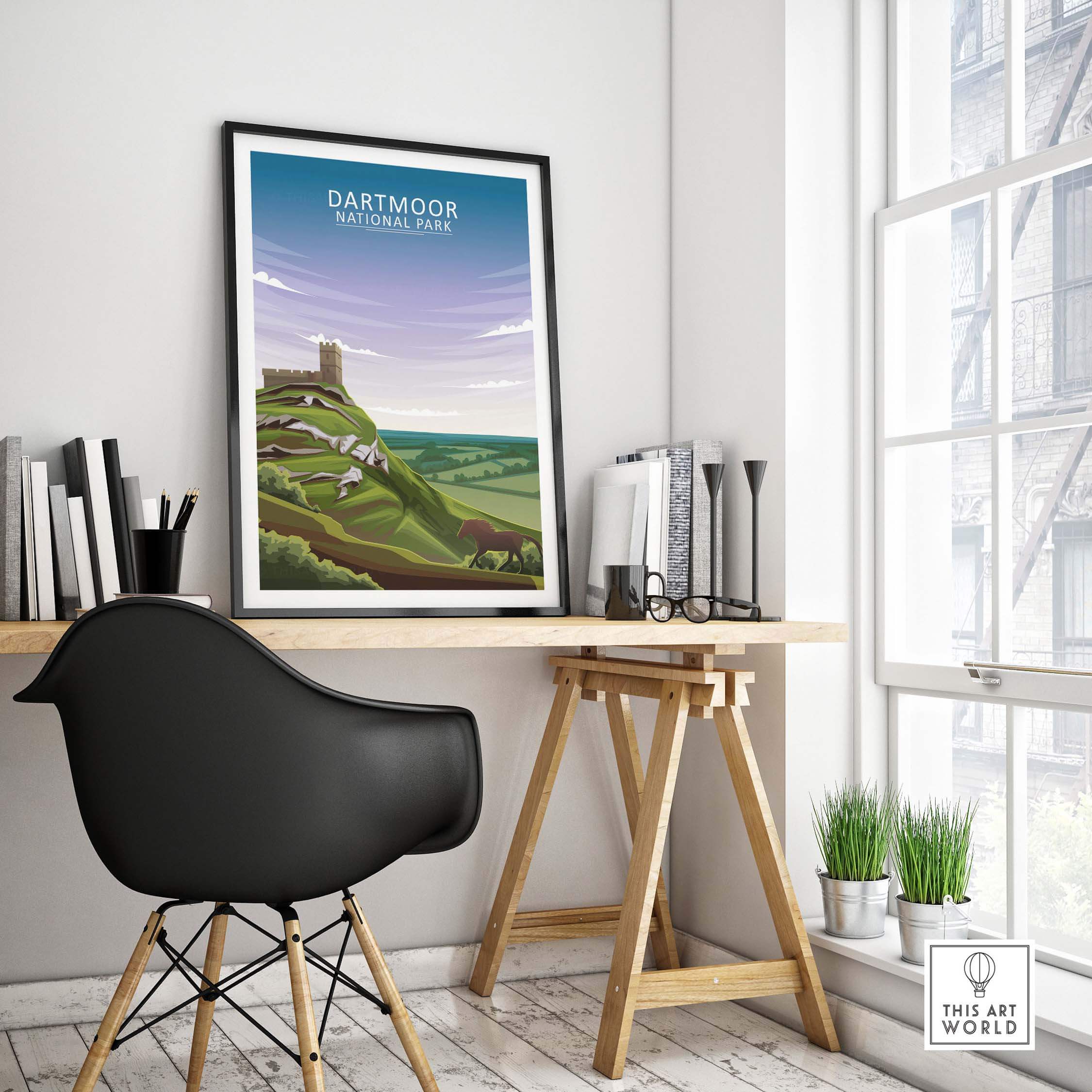 Dartmoor National Park poster framed in a minimalist home office with stylish decor and natural light.