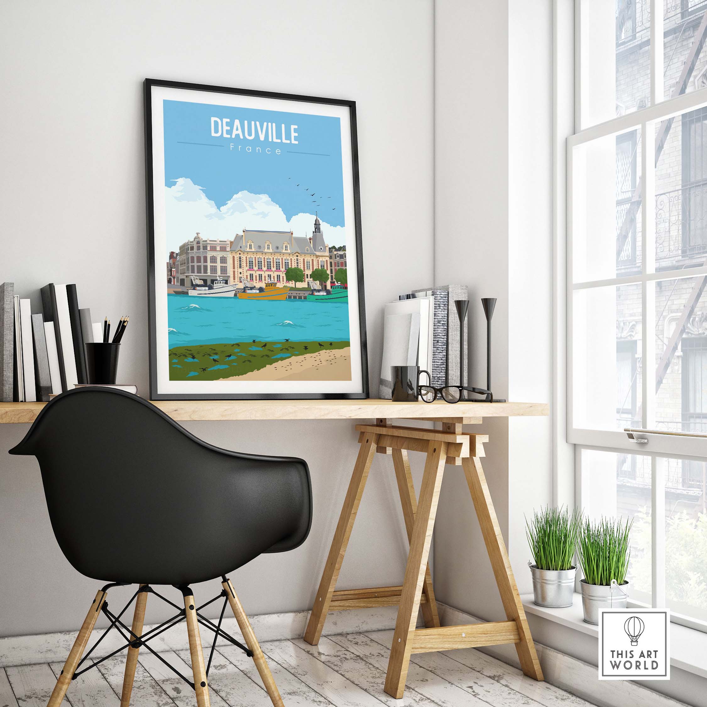 Deauville France Poster Print displayed in a stylish home office, capturing minimalist vintage travel art.