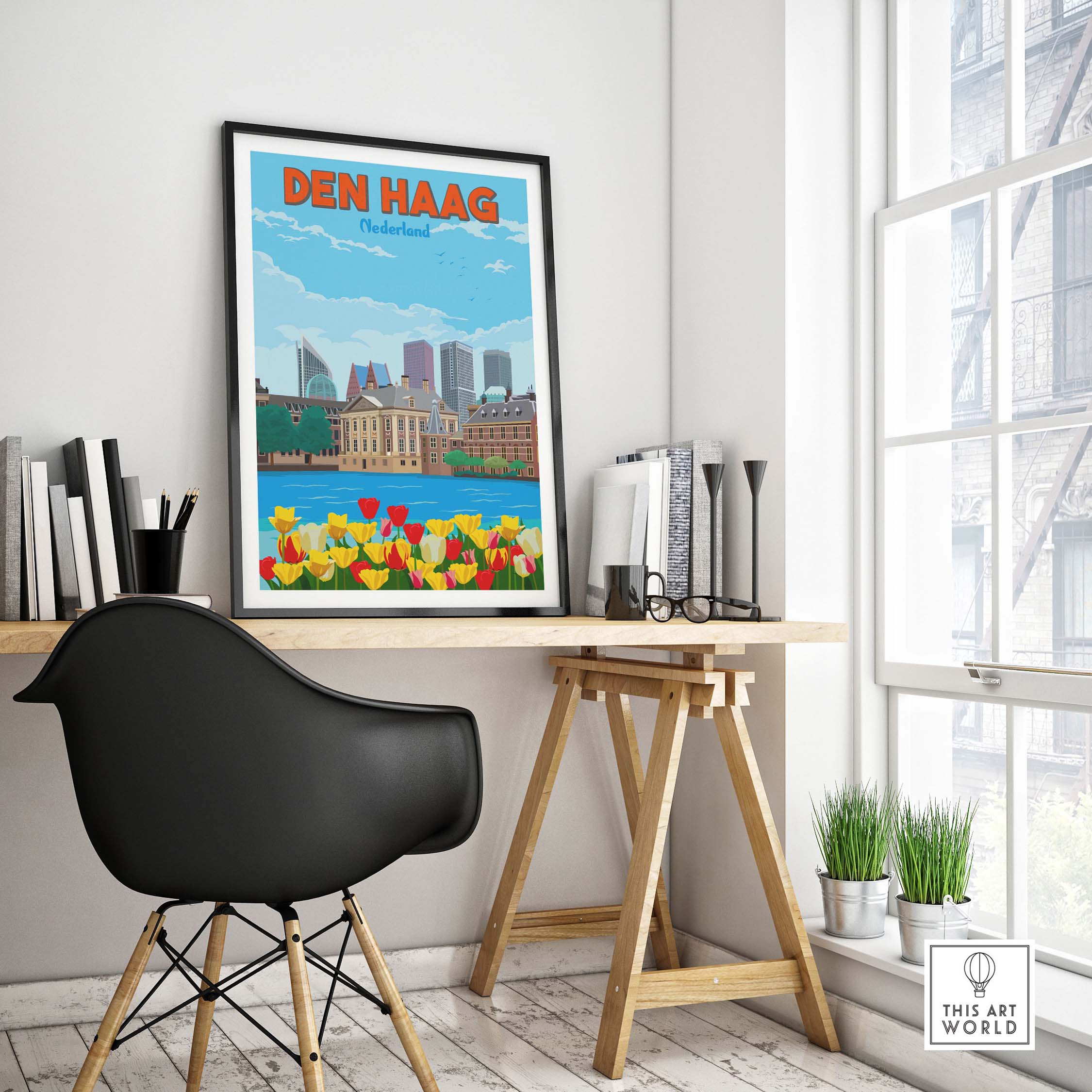 Den Haag wall art print featuring a colorful scene of the Netherlands with tulips, framed in a stylish home office.