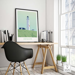 Denmark poster print featuring a lighthouse, displayed in a modern home office setting.