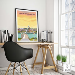 Derry Print Poster Wall Art framed, showcasing the Peace Bridge in nostalgic vintage style, perfect for home decor.
