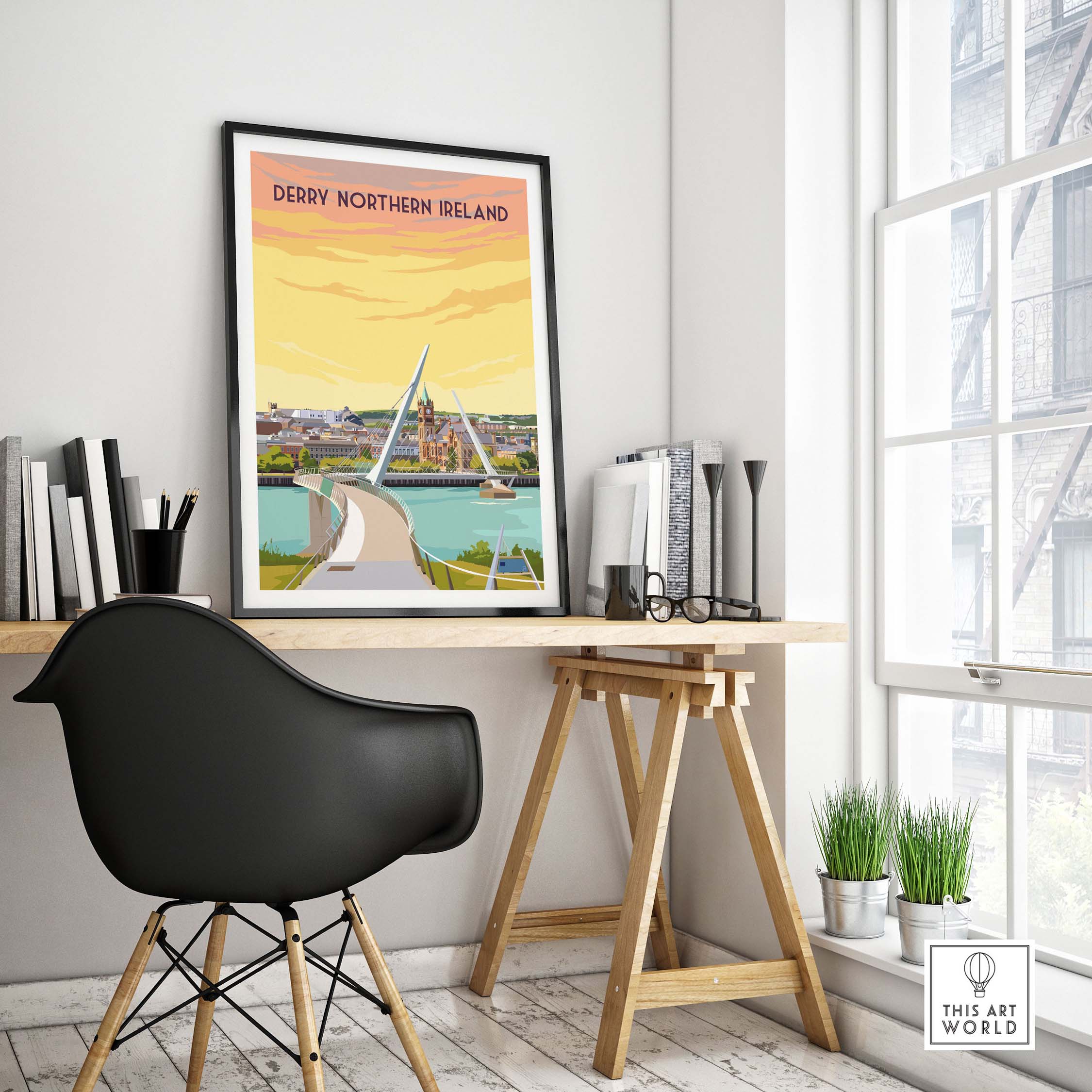 Derry Print Poster Wall Art framed, showcasing the Peace Bridge in nostalgic vintage style, perfect for home decor.
