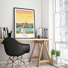 Derry Print Northern Ireland poster displayed in a stylish home office setting with modern furniture and décor.