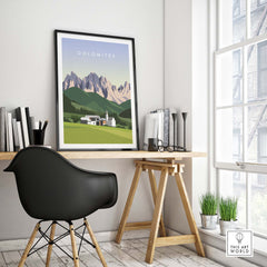 Dolomites travel poster print displayed in a minimalist office setting with stylish decor.