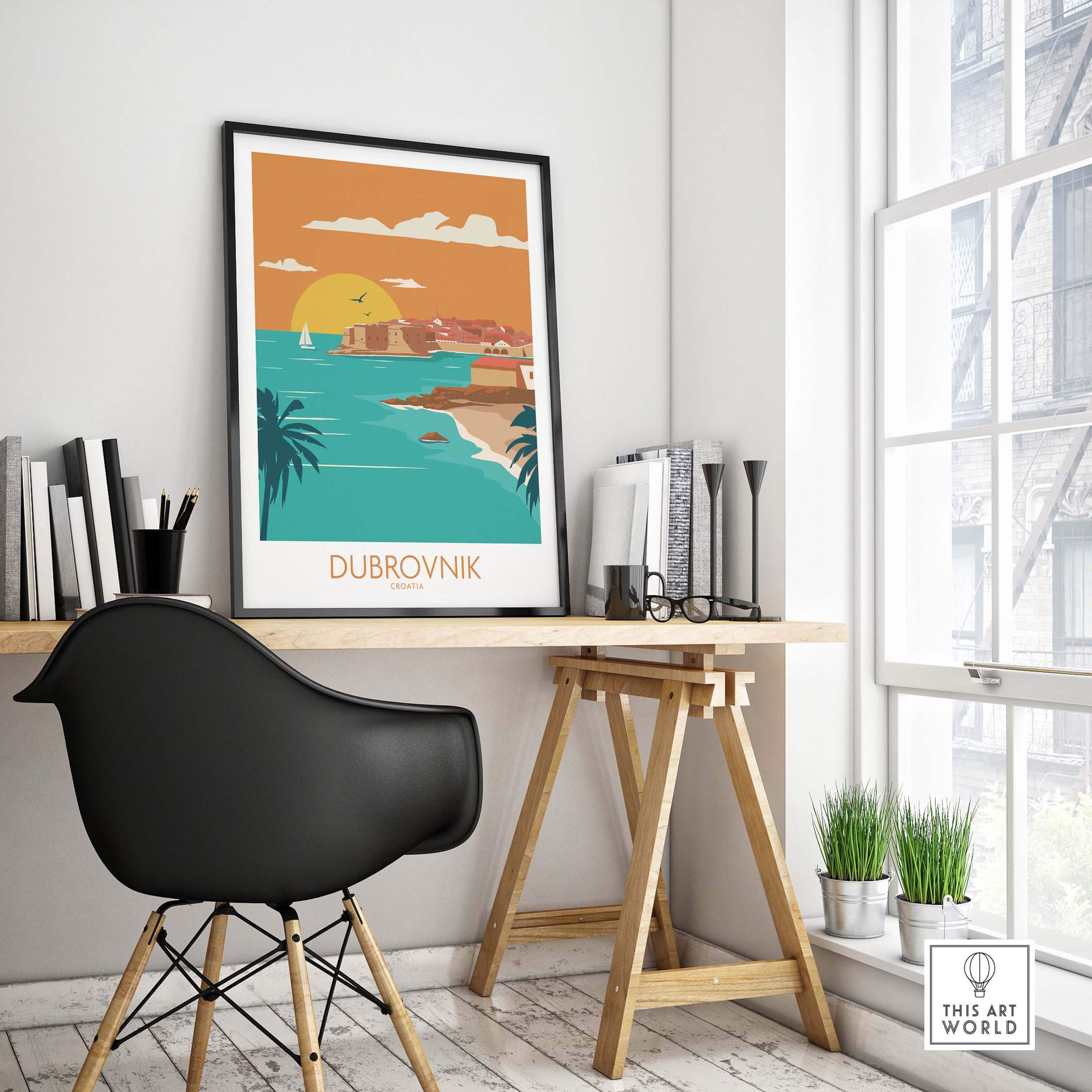 Dubrovnik Poster Art Print displayed in a stylish workspace, capturing travel nostalgia with vibrant colors.
