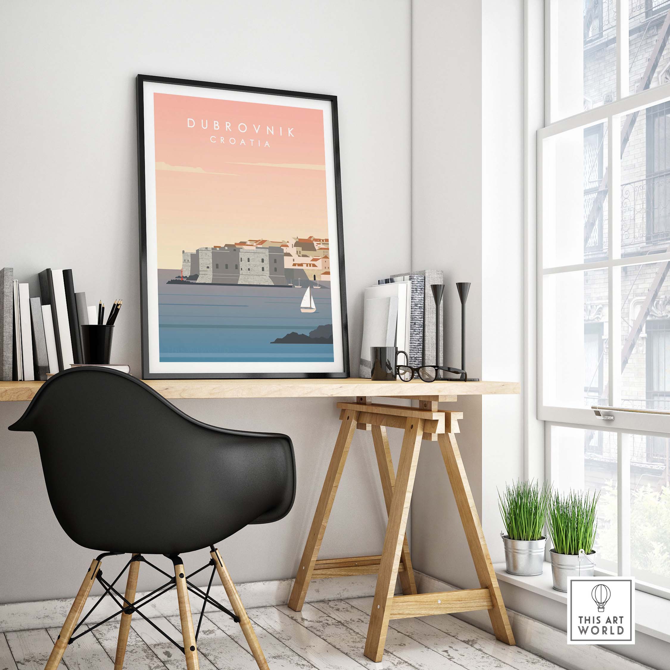 Dubrovnik Print Wall Art Poster in a stylish office setting, featuring vintage-inspired design and vibrant colors.
