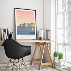 Dubrovnik Print Travel Poster displayed in a stylish office setting, capturing vintage travel nostalgia and wanderlust.