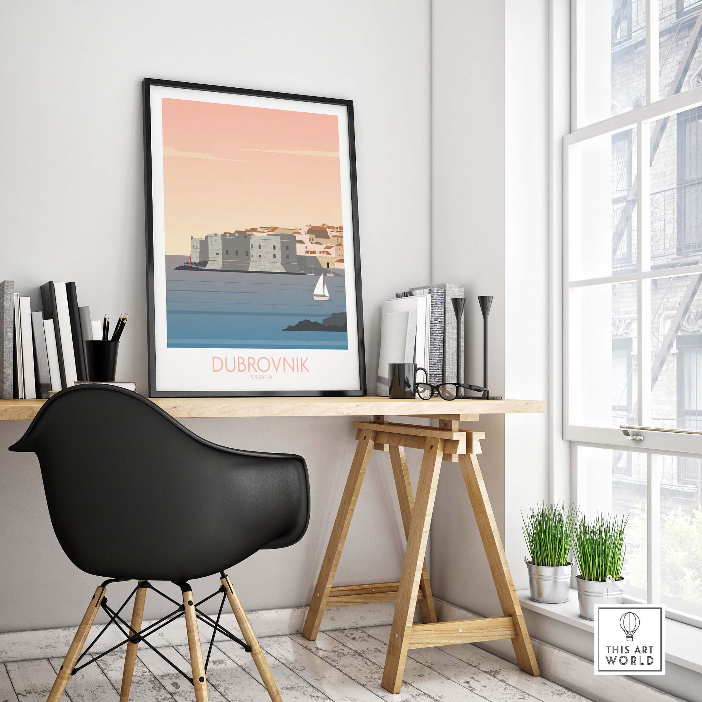 Dubrovnik Print Travel Poster displayed in a stylish office setting, capturing vintage travel nostalgia and wanderlust.